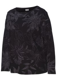 Haut noir à manches longues avec un motif botanique dans des teintes de gris. Matériau doux, encolure bateau et coupe décontractée.