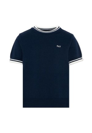 Top en maille bleu marine à manches courtes avec col et poignets côtelés rayés blancs, et petit logo "FAY" sur la poitrine gauche.