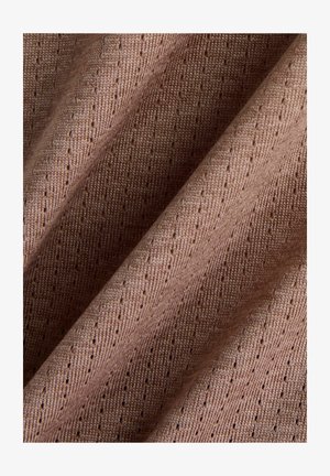Knitted fabric in a soft pink hue, featuring a textured pattern with small holes for breathability. Smooth finish with slight sheen.