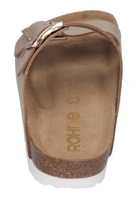 Brown leather slide sandal with a cork footbed, white outsole, and a gold-toned buckle accent. Textured interior lining for comfort.