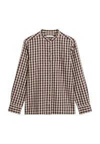 Brown and cream checked long-sleeve shirt with a small collar, button front, and a chest pocket. Made from a textured fabric.