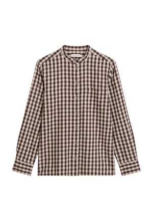 Braun- und cremefarbener karierter Langarmhemd mit kleinem Kragen, Knopfverschluss und einer Brusttasche. Hergestellt aus einem strukturierten Stoff.