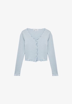 Hellblaues, geripptes Strickjacke mit langen Ärmeln, V-Ausschnitt und gewelltem Saum. Mit sechs passenden Knöpfen auf der Vorderseite. Weiche Textur.