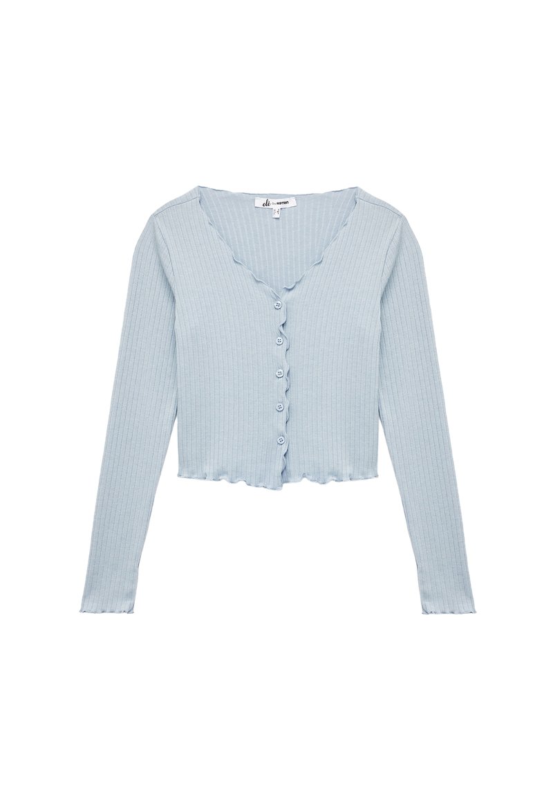 Hellblaues, geripptes Strickjacke mit langen Ärmeln, V-Ausschnitt und gewelltem Saum. Mit sechs passenden Knöpfen auf der Vorderseite. Weiche Textur.