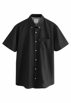 Black short-sleeve button-up shirt with a chest pocket, white buttons, and a subtle patterned inner collar. Composed of smooth fabric.