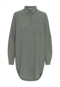 Camicia a maniche lunghe con bottoni in verde oliva, realizzata in tessuto leggero, con taschino sul petto e orlo curvo.