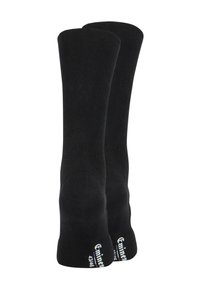 Chaussettes noires montantes en matériau côtelé, avec un renfort à la pointe et au talon. Taille indiquée en bas, avec étiquette de marque.