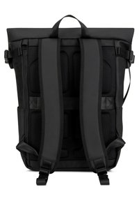 Black roll-top backpack with padded, breathable mesh straps, adjustable buckles, and a smooth, waterproof exterior.