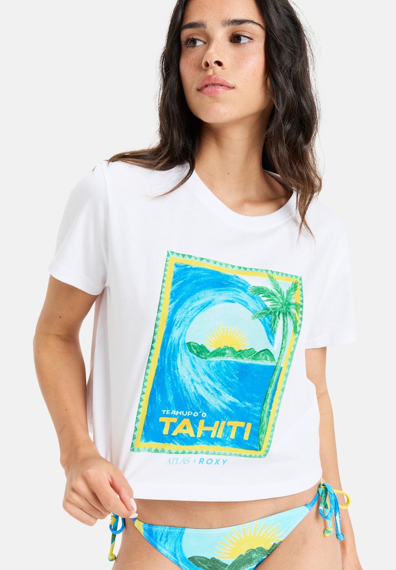 White short-sleeve t-shirt featuring a tropical graphic with waves, sun, and palm trees in green and blue, paired with a blue bikini bottom.