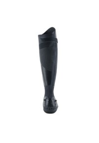 Black waterproof boot with a textured body, ribbed upper, and a smooth toe. Features a unique pattern and a slight curve at the top.