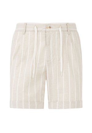 Beige Shorts mit vertikalen weißen Streifen, Knopf- und Kordelverschluss, Gürtelösen und umgeschlagenen Säumen.