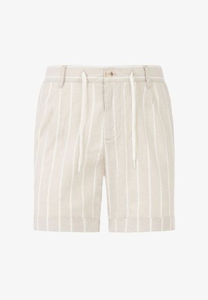 Beige Shorts mit vertikalen weißen Streifen, Knopf- und Kordelverschluss, Gürtelösen und umgeschlagenen Säumen.