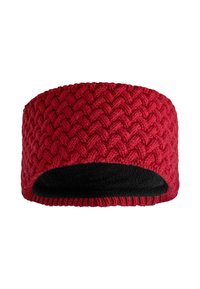 Piros kötött fejpánt halszálka mintával. A belseje fekete polárral bélelt a melegségért. Rugalmas kialakítás, a fej lefedésére tervezték.