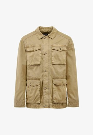 Khaki kurtka wykonana z bawełny, z ostro zakończonym kołnierzem, z przodu zapięcie na guziki oraz cztery przednie kieszenie. Gładka struktura z casualowym stylem.