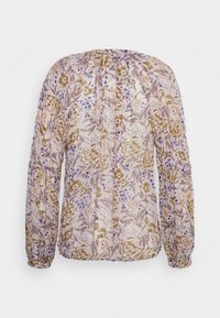 Blusa floral com mangas longas e bufantes, confeccionada em tecido leve e semi-translúcido nas tonalidades de rosa, dourado e azul, com detalhe de pregas nas costas.