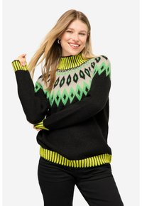 Schwarzer Strickpullover mit einem bunten Rautenmuster in Grün und Grau, ausgestattet mit hohem Kragen und kontrastierenden gerippten Bündchen und Saum.