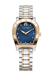 Aigner laikrodis su mėlynu raštuotu ciferblatu, auksu akcentuota rėmeliu ir sidabro bei aukso spalvų metaliniu grandinėle. Yra valandų žymekliai ir rodyklės.