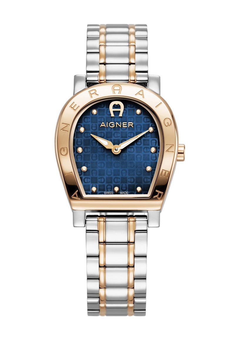 Aigner laikrodis su mėlynu raštuotu ciferblatu, auksu akcentuota rėmeliu ir sidabro bei aukso spalvų metaliniu grandinėle. Yra valandų žymekliai ir rodyklės.