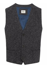 Chaleco de hombre gris oscuro con textura, tres botones negros, dos bolsillos delanteros y forro interior azul marino, con etiqueta Camel Active.