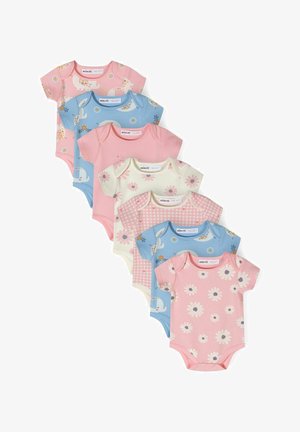 Aštuoni kūdikių kūno marškiniai subtilių spalvų, su gėlių ir gyvūnų raštais, trumpomis rankovėmis ir užsegimais apačioje.