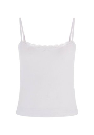 Camisole blanche côtelée avec des bretelles fines réglables, un bord en dentelle et une coupe ajustée. Présente un logo discret près de l'ourlet.