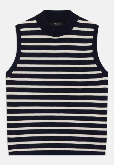 Sleeveless top featuring vertical navy and cream stripes, ribbed crew neck, soft knit material, clean edges, and modern design.