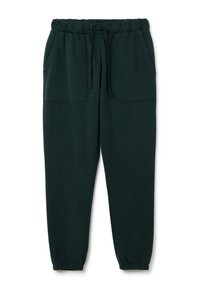 Donkergroene sweatpants van zacht materiaal, met een elastische tailleband met een trekkoord en twee zijzakken. Elastische boorden bij de enkels.