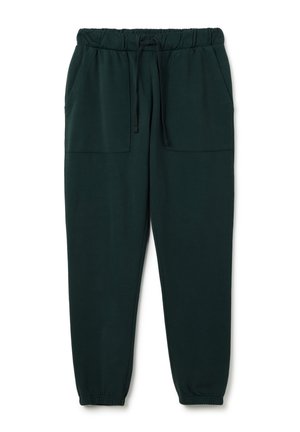Pantaloni tuta verde scuro realizzati in tessuto morbido, con vita elastica e cordoncino, e due tasche laterali. Caviglie con polsini elasticizzati.