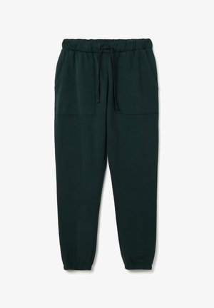 Pantaloni tuta verde scuro realizzati in tessuto morbido, con vita elastica e cordoncino, e due tasche laterali. Caviglie con polsini elasticizzati.