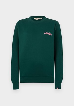 Sudadera de manga larga y cuello redondo de color verde oscuro con el logo "ellesse" en rosa en el lado izquierdo del pecho y una pequeña etiqueta con el logo en el puño izquierdo.