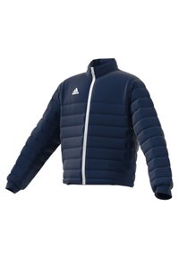 Marineblaue Daunenjacke mit hohem Kragen, tailliertem Design, gestepptem Muster, weißem Reißverschluss und Adidas-Logo auf der Brust.