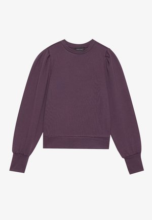 Violetti pitkähihainen neule, jossa on pyöreä kaula-aukko, joustavat hihansuut ja hienovaraiset puffimaiset olkasaumat. Pehmeä, teksturoidusta kankaasta valmistettu.