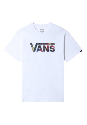 Biała krótka koszulka Vans z kolorowym, w kratę logo Vans na środku klatki piersiowej oraz małą czarną metką na prawym rękawie.
