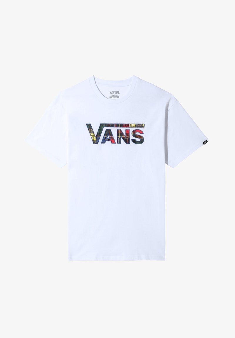 T-shirt blanc à manches courtes Vans avec logo Vans à carreaux multicolores centré sur la poitrine et une petite étiquette noire sur la manche droite.