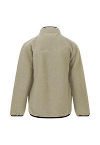 Veste en polaire beige clair, présentant une surface texturée, des manches longues, un col montant et une bordure noire au niveau de l'ourlet. Vue arrière montrée.