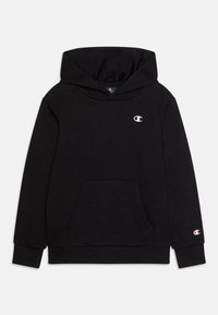 Czarna hoodie z kapturem wykonana z materiału bawełnianego. Posiada przednią kieszeń oraz biały nadruk na klatce piersiowej i rękawie. ściągacze przy mankietach i u dołu.