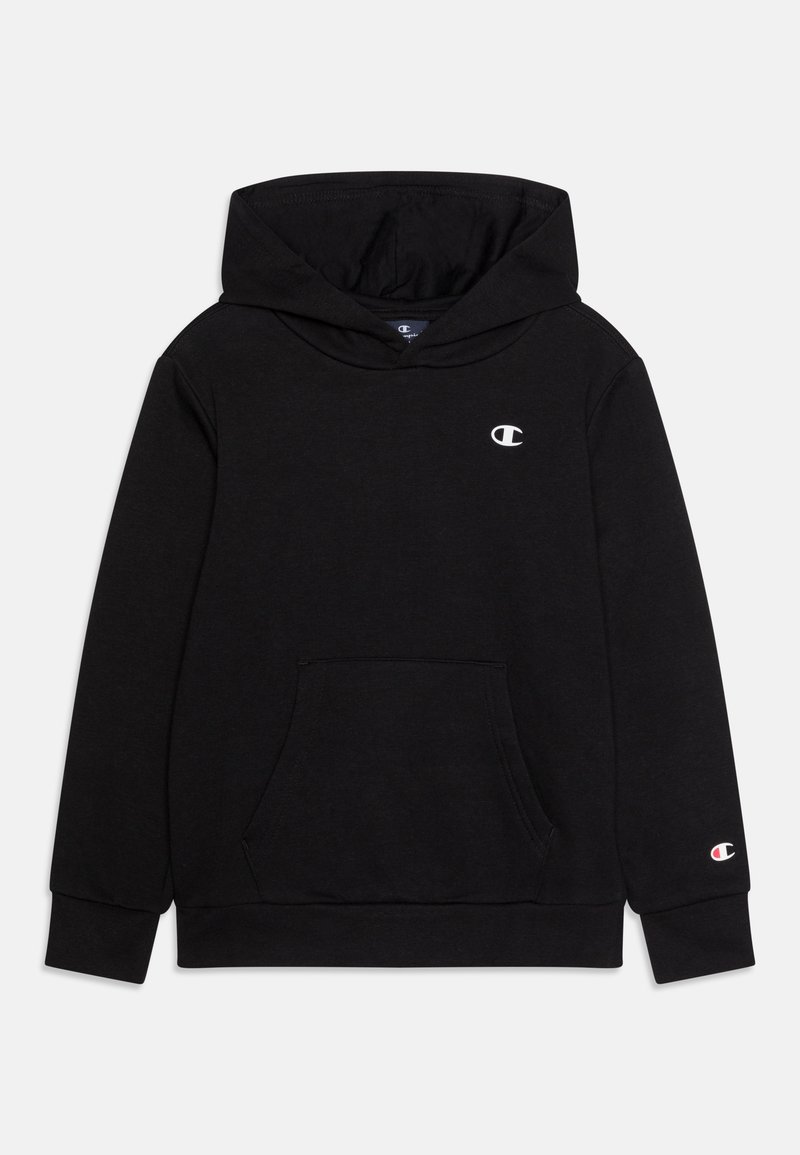 Sweat-shirt à capuche noir en tissu mélangé coton. Il dispose d'une poche avant et d'un logo blanc sur la poitrine et la manche. Poignets et ourlet côtelés.