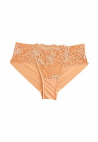 Perzikkleurige kant onderbroek met een bloemmotief kant tailleband, een zachte microfiber body en een naadloos ontwerp voor optimaal comfort.