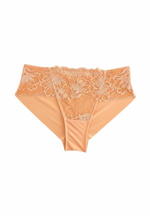 Pfirsichfarbene Spitzenunterhose mit einem floralen Spitzenbund, weichem Mikrofasermaterial und nahtlosem Design für optimalen Tragekomfort.