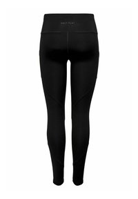 Leggings neri con una vita alta, caratterizzati da cuciture sottili e una texture liscia. Il marchio "ONLY PLAY" è stampato in vita.