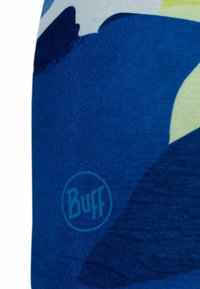 Blue multifunctional headwear with abstract patterns in shades of blue and yellow. Features a subtle "Buff" logo. Soft, stretchy fabric.