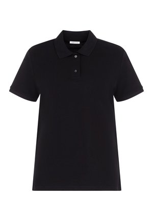 Sort kortærmet polo-shirt med krave og to-knapsåbning, ensfarvet design og et lille indvendigt mærke ved halsen.