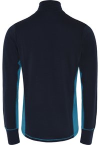 Mørkeblå langærmet polo skjorte med høj krave, med teal sidestykker og kontraststing. Glat stoftekstur.