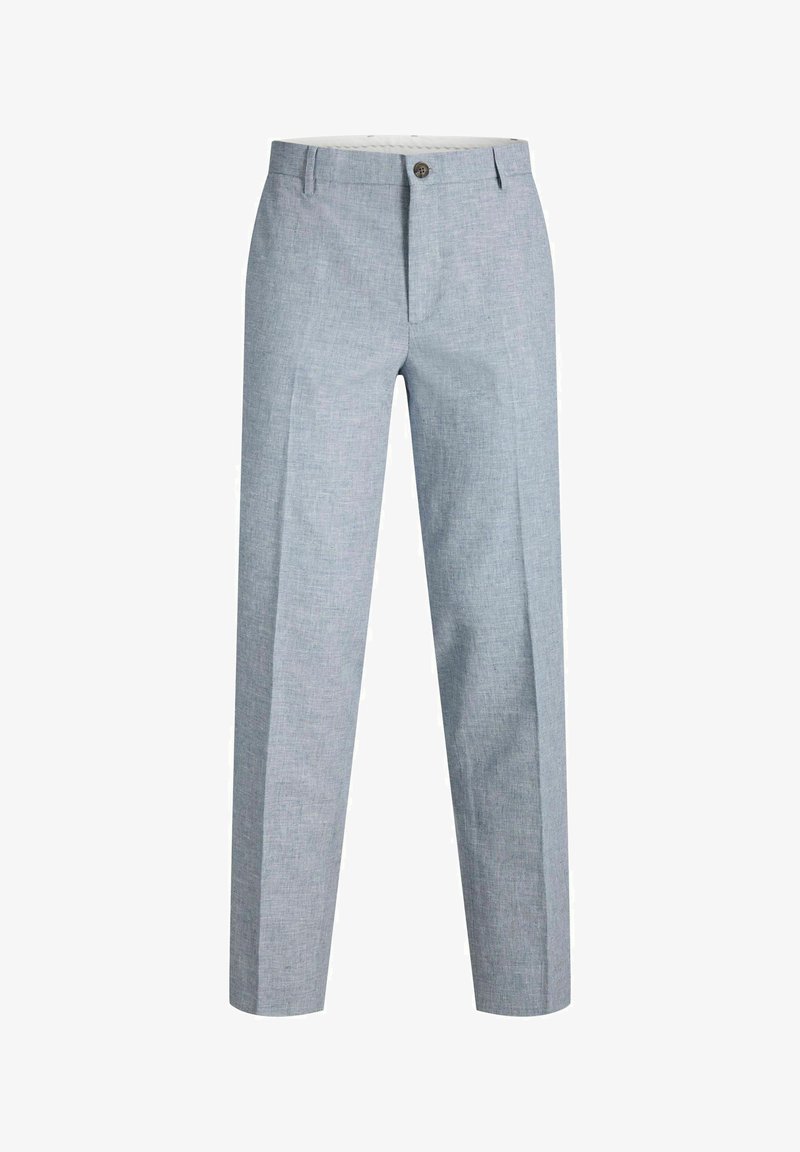 Lysegrå skreddersydde bukser med knappelukking, beltestropper og pressefolder foran, vist på hvit bakgrunn.