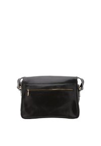 Borsa a tracolla in pelle nera con tasca frontale con zip, tracolla regolabile e texture liscia. Presenta dettagli in oro.