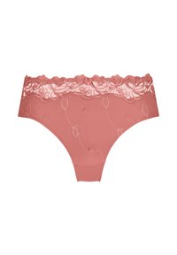 Roze kanten slip met bloem-geborduurde details aan de voorkant, gemaakt van een gladde stof en met een medium taille snit. Zachte textuur.