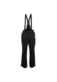 Pantalons de neige noirs avec bretelles ajustables, poches latérales zippées et poignets élastiques pour un port chaud et imperméable. Comprend une taille renforcée.