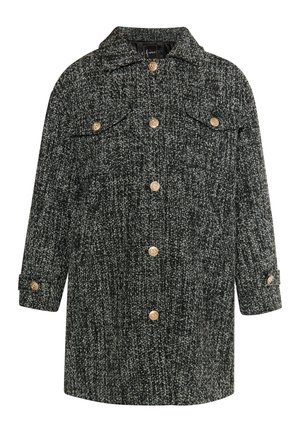 Black and white tweed coat with a collared neckline, button closures, and two front pockets. Features gold-tone buttons and a relaxed fit.