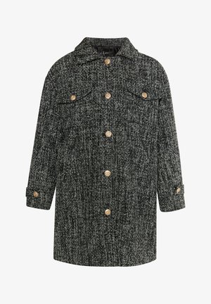 Černobílý tweedový kabát s límcem, zapínáním na knoflíky a dvěma předními kapsami. Obsahuje zlaté knoflíky a uvolněný střih.