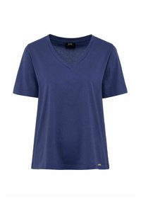 Granatowa koszulka V-neck z miękkiego materiału, z krótkimi rękawami i luźnym krojem, z małym logo na dole.